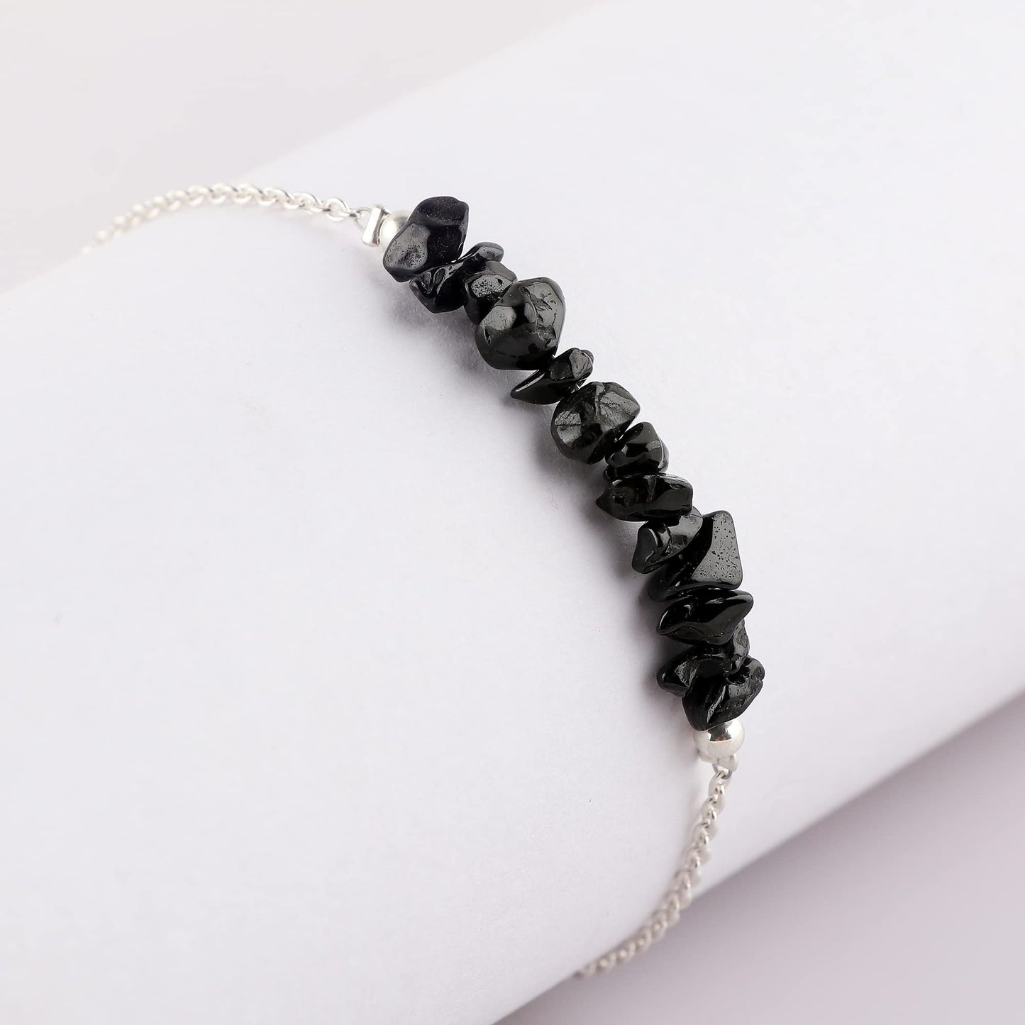 Gemimpression Handmade Black Spinel Chips Bar Bracelet – Natural Energy Healing Crystals – Silver Plated Adjustable 8 Inch Chain – Christmas Gift