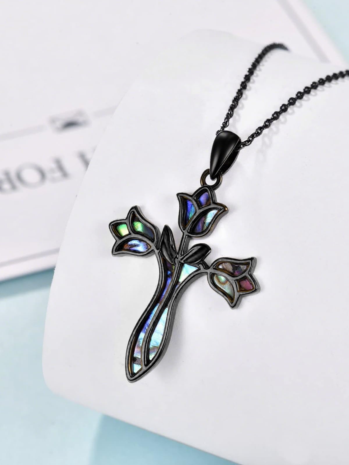 Dreamboat Black Cross Necklace for Women Sterling Silver Cross Pendant Tulip Rose Abalone Shell Christian Necklace Faith Confirmation Gifts Religious Jewelry for Mom