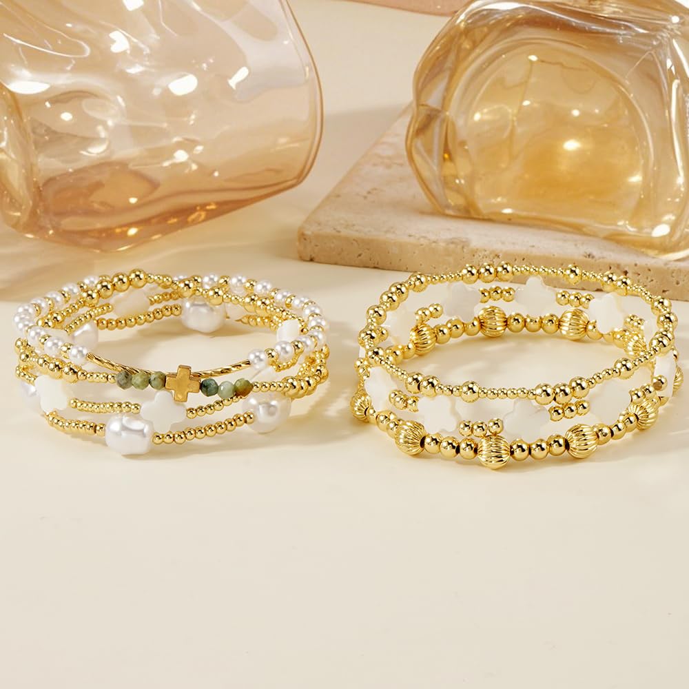 SHINUS BOHO 14K Gold Beaded Red Clover Stackable Bracelets for Women,7PCS/Set Boho Cross Pearl Beads Stretch Bracelets Stack Fashion Holiday Birthday Prom Jewelry Accessories Gift Friendship Sister