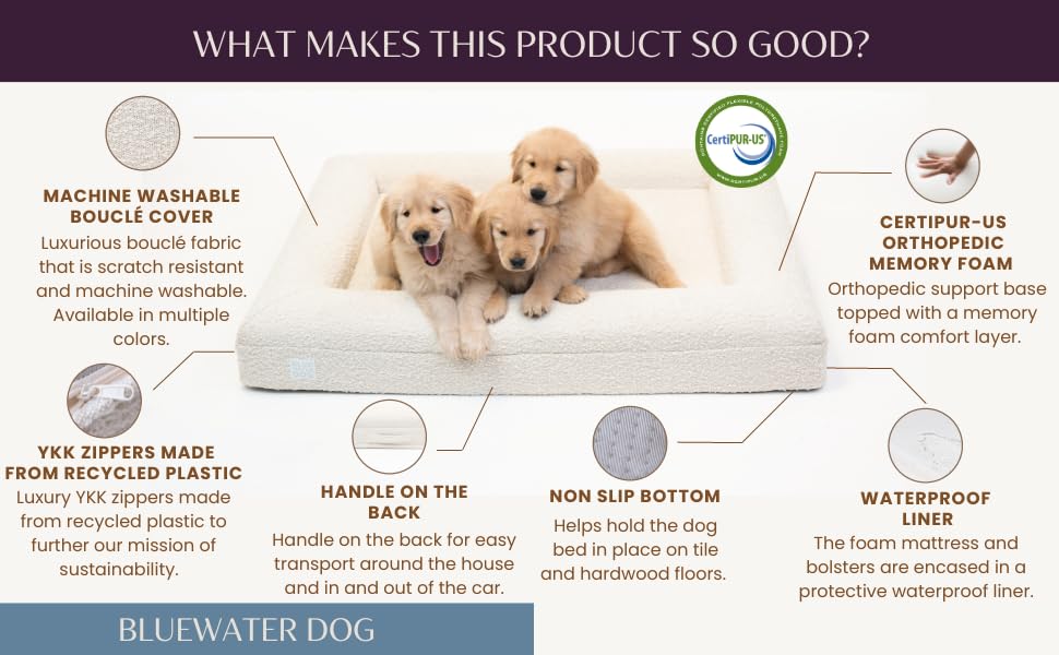 Bluewater Dog Luxury Boucle Orthopedic Memory Foam Dog Bed with Waterproof Liner and Machine Washable Cover with YKK Zippers (Large, 45" L x 36" W x 7" Th, Cloud)