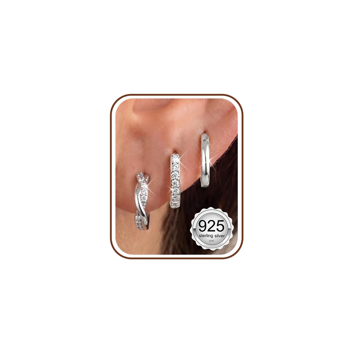 MILACOLATO 3Pairs 925 Sterling Silver Earrings for Women, Sterling Silver Filled Small Huggie Hoop Earrings Sets for Multiple Piercing Hypoallergenic, CZ Cartilage Earrings Stacks Trendy Earrings, L