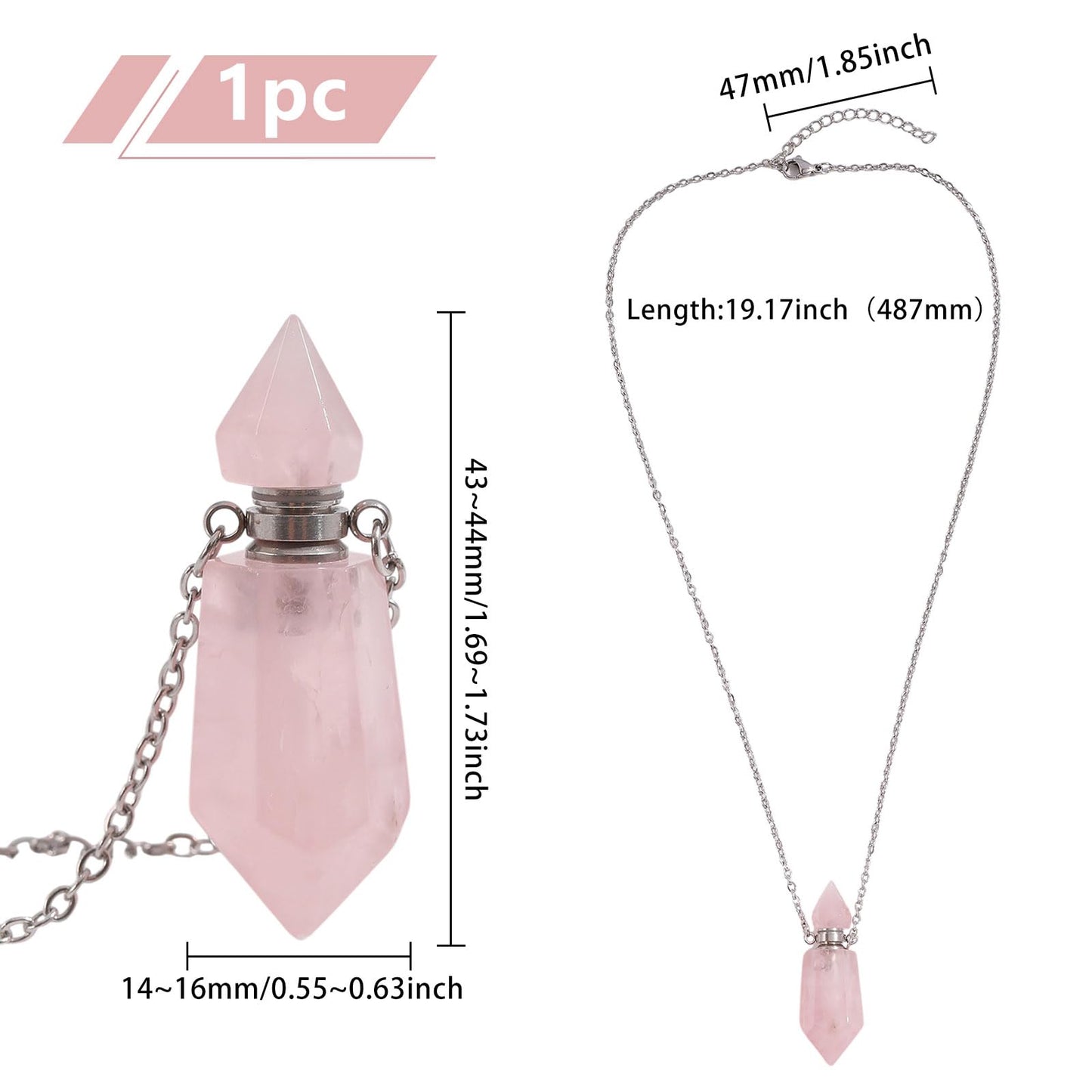CONCHLERY Perfume Bottle Necklace Natural Stone Essential Oil Diffuser Perfume Bottle Pendant with Alloy Chain for Womens Vial Pendant Necklace Jewelry Unique Gift, Pink