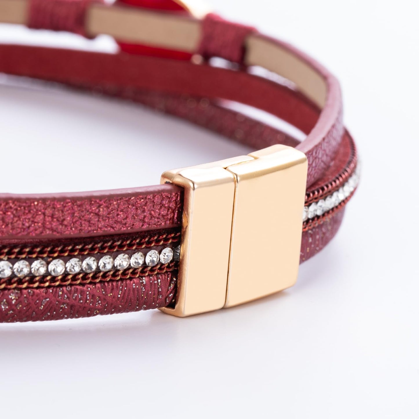 FANCY SHINY Boho Leather Wrap Bracelet Stackable Chunky Crystal Cuff Bracelets with Magnetic Clasp Cowboy Cowgirl Western Summer Beach Outfits Jewelry Gifts for Women (14.7", Burgundy)