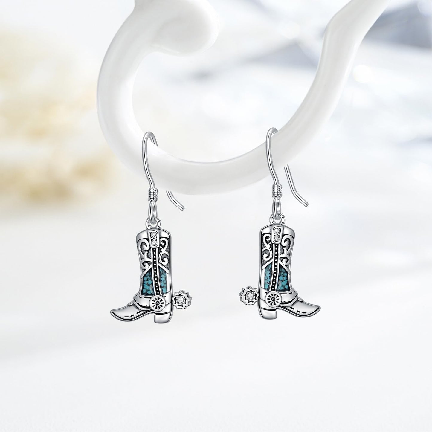 KoyeKei Western Cowboy Boot Earrings for Women 925 Sterling Silver Cowgirl Texas Boot Dangle Drop Earrings Turquoise Cowboy Carter Country Jewelry Boho Valentines Gifts for Daughter Wife Girlfriend