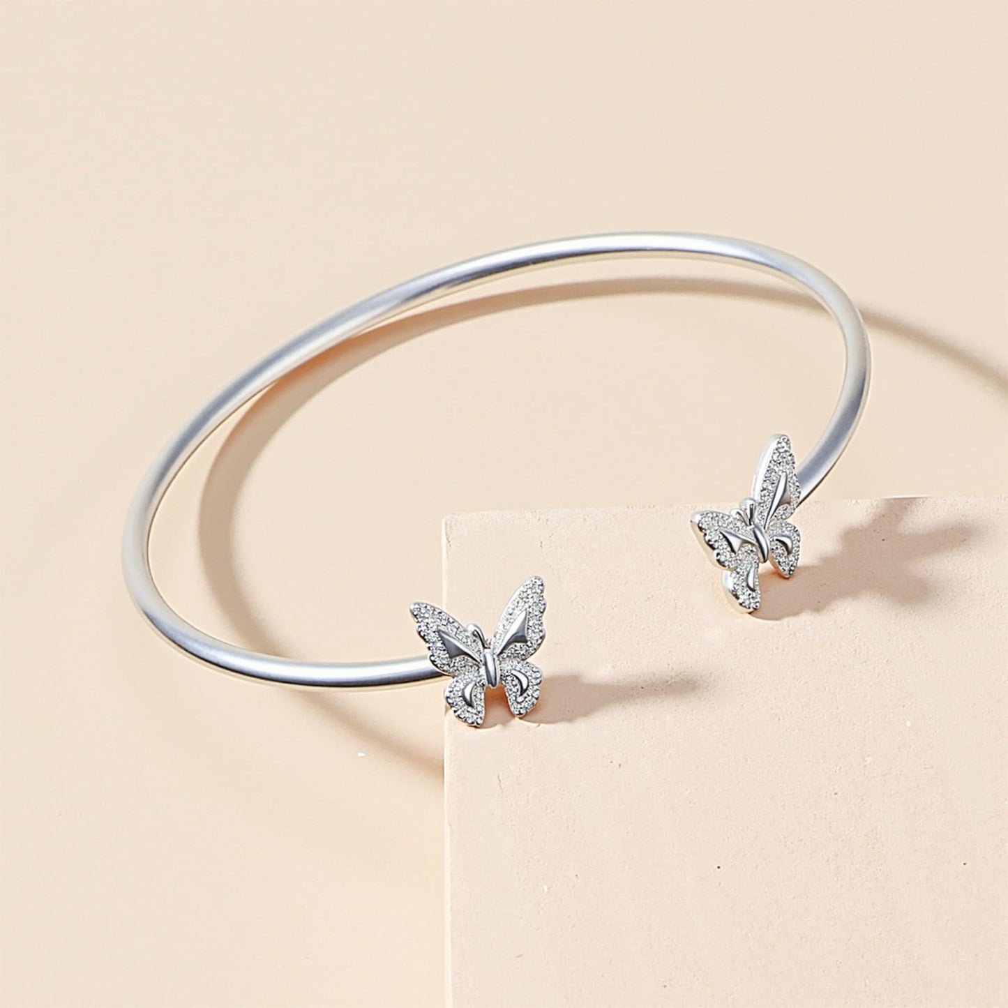 Handmade 925 Sterling Silver Butterfly Bangle Bracelet Open Adjustable Cute Butterfly Cuff Bracelet Minimalist Silver Bangle Boho Classic Bracelet Trendy Jewelry for Women Teen Girls Birthday Gifts