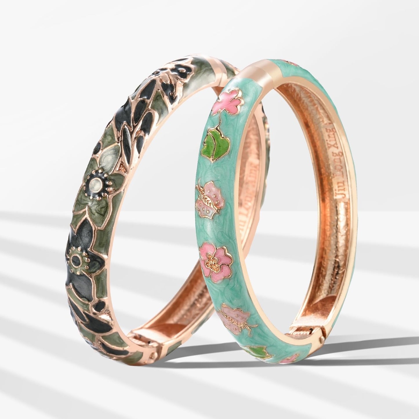 UJOY Designer Womens Couple Bangles Flower Enamel Bracelets Jewelry Box for Women Gift 55A67-55A101 Green