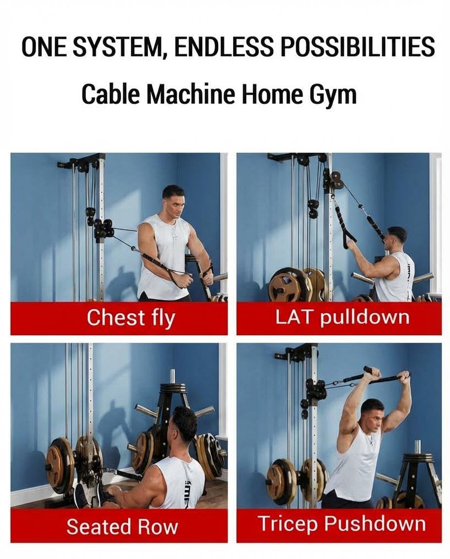 Wall Mounted Cable Machine for Home Gym, 19-Position High & Low Cable Machine with Dual Pulley System,LAT Pulldown, 400Lb Capacity, Space Saving Strength Training Equipment for Garage & Home