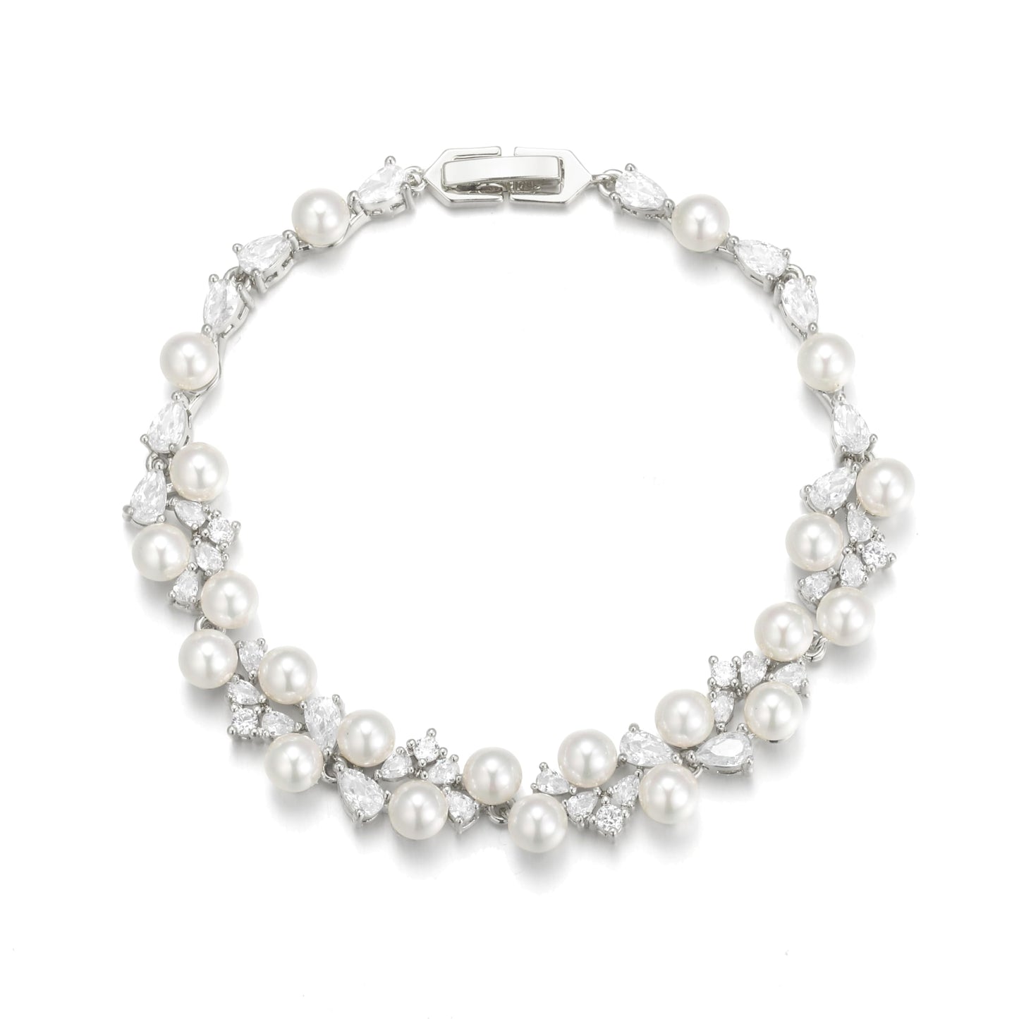 EVER FAITH Gorgeous Prong Setting Cubic Zirconia Wedding Jewelry Bracelet for Bride Bridesmaid, Elegant White Simulated Pearl Teardrop Tennis Bracelets Gift for Women Clear Silver-Plated-Brass