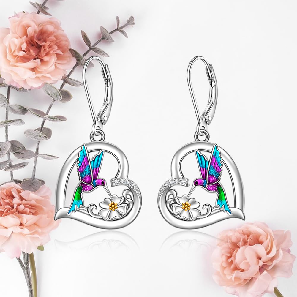 Hummingbird Earrings for Women Sterling Silver Purple Hummingbird Dangle Heart Flower Cute Bird Jewelry Filigree Memorial Mothers Day Healing Gifts