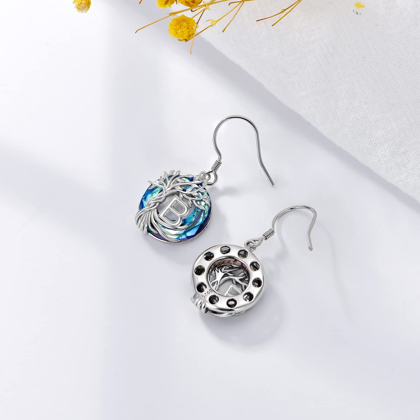 TOUPOP Tree of Life Initial Earrings Sterling Silver Initial B Letter Drop Dangle Earrings Blue Circle Crystal Family Tree Jewelry Birthday Mothers Day Gifts for Women Mom Her