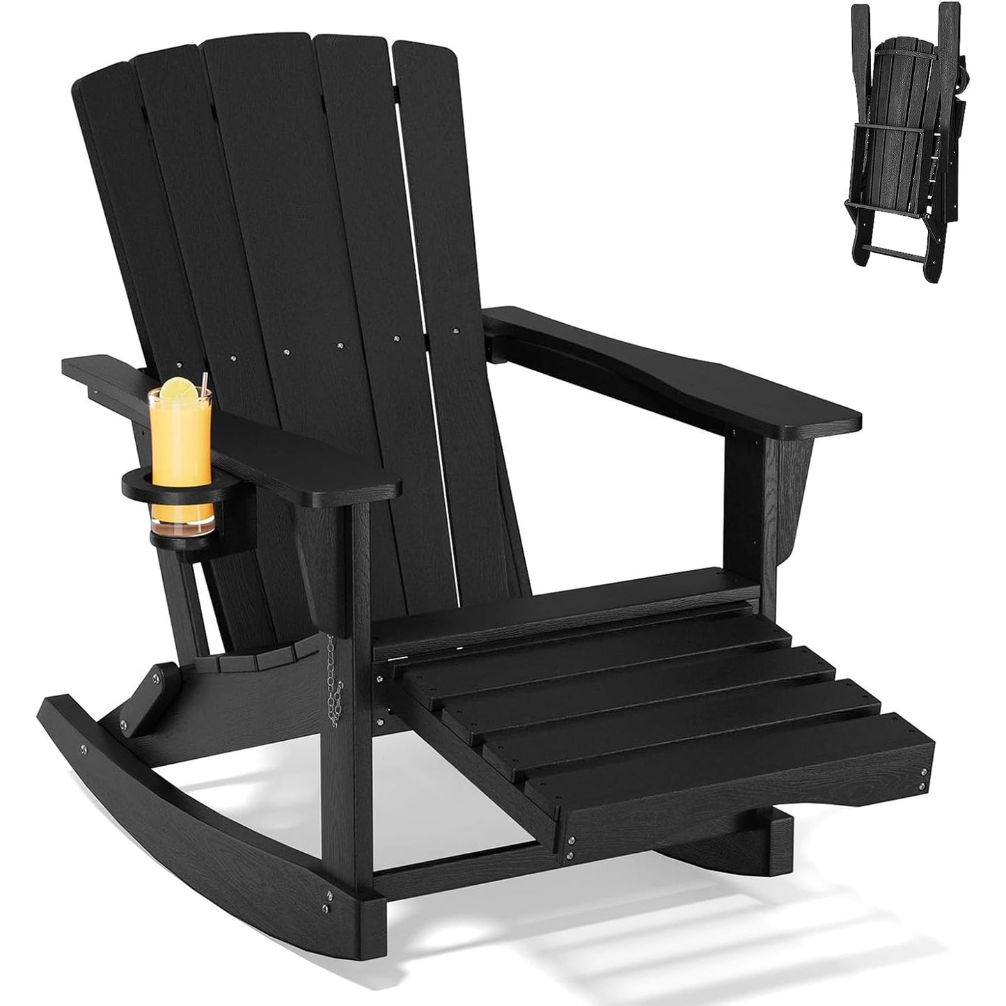 Polyhouz Adirondack Rocking Chair with Retractable Ottoman,Outdoor Folding Adirondack Chair with Cup Holder,HDPE All-Weather Patio Lounge Chair for Porch,Lawn, Poolside, Black