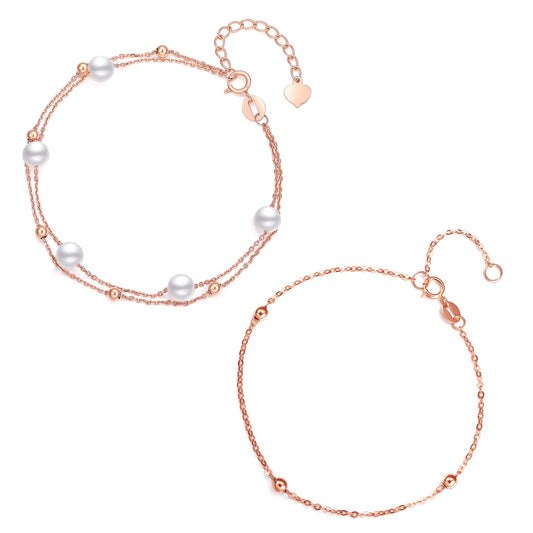 ZHOU LIU FU 18K Rose Gold Chain Bracelet Thin Link Small Beads Freshwater Pearls Bracelet Dainty Jewelry Set Layered Bracelets for Women Mom Daughter Friends Gifts Birthday Anniversary