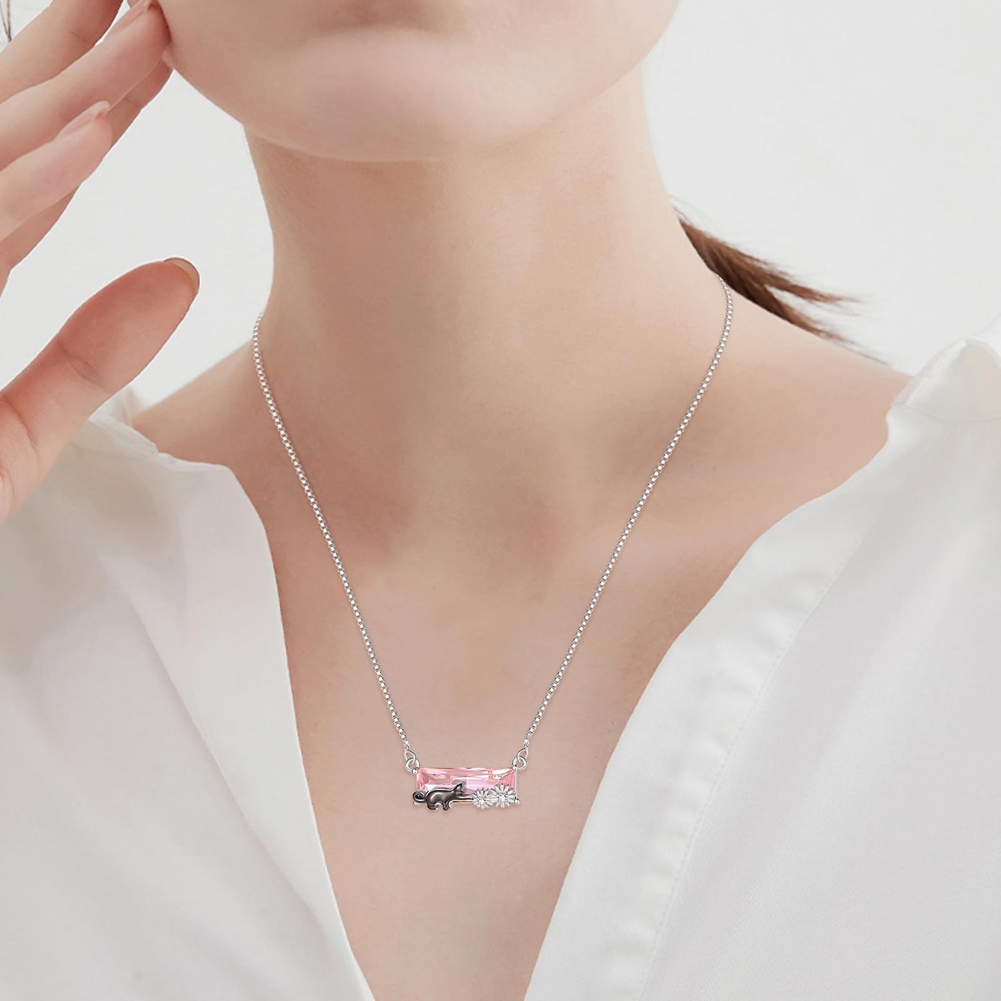 AENEAS Black Cat Necklace Sterling Silver Cute Animal Pendant Pink Crystal Birthday Jewelry Pet Daisy Gifts for Women Wife Her