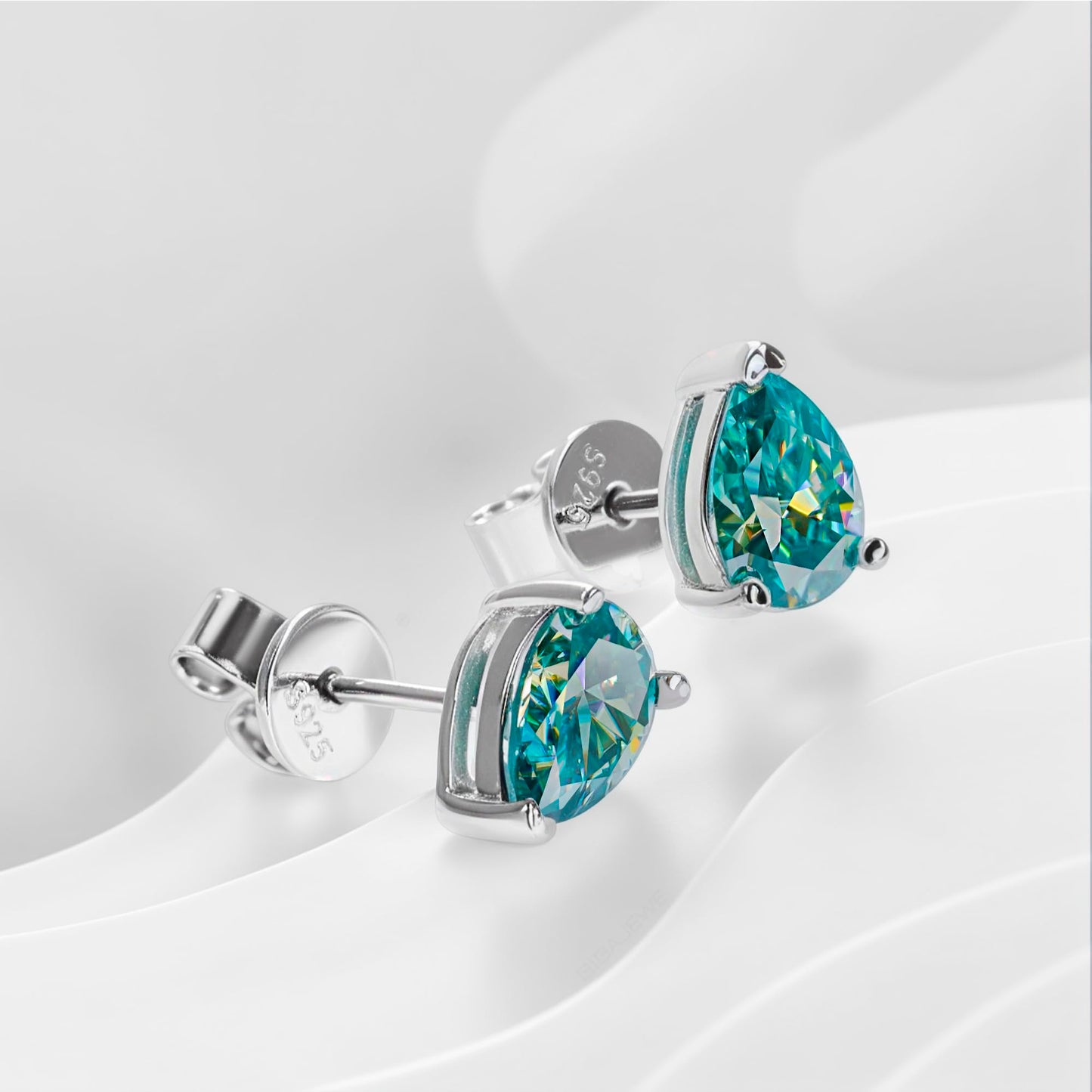GIGAJEWE Blue Green Color Moissanite Stud Earrings Pear Cut Moissanite Earrings 2.0ct/pair,18K Gold Plated 925 Steling Silver, Stud Earrings For Women (Pear-cyan)