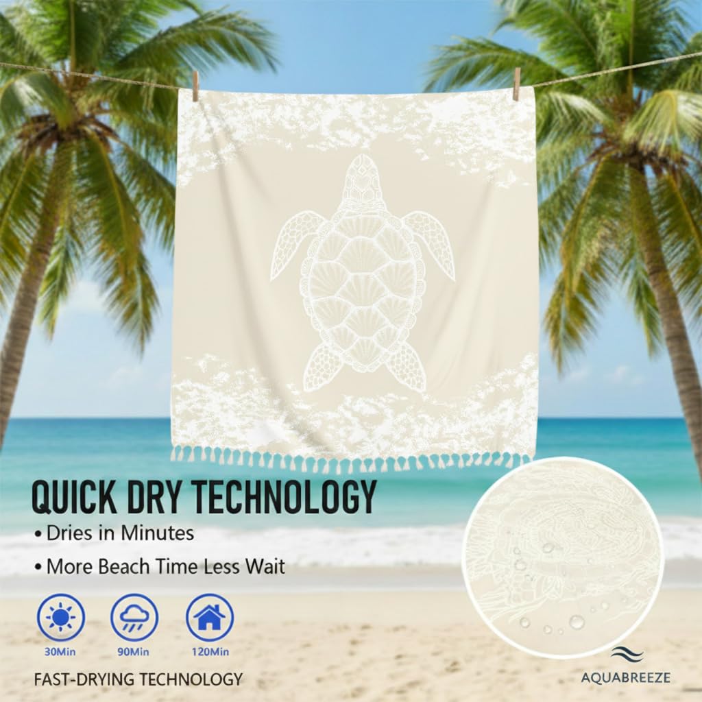 Yongoes Oversized Turkish Beach Towel Blanket Cotton Giant XL Sandproof Towels Huge Linen XXL Extra Large Big Throw Quilt Blankets for Adults Beige Turtle