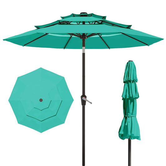 Patio Kingdom 10FT Patio Umbrella 3 Tiers Outdoor Market Umbrella w/Push Button Tilt, Crank, UV and Waterproof Table Umbrella for Garden, Pool, Backyard, Deck, Lawn, Turquoise Blue