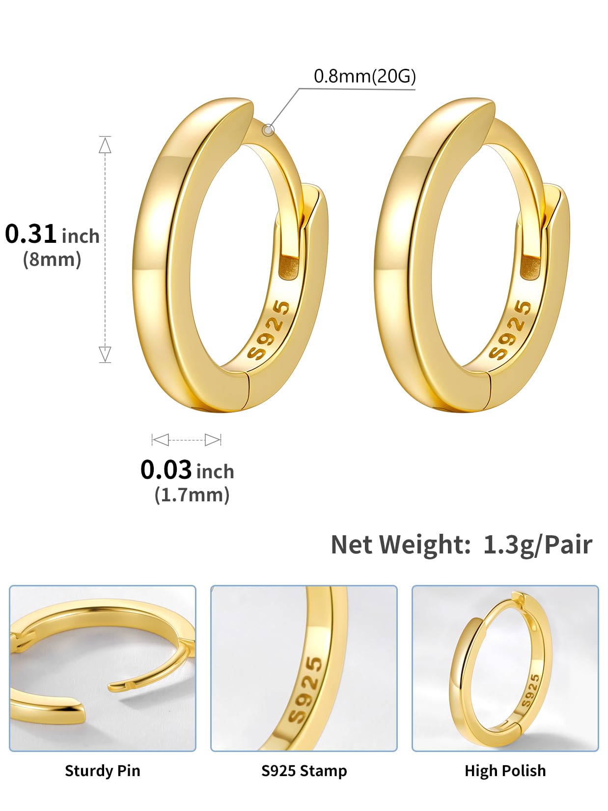 SILVERCUTE 925 Sterling Silver Huggie Hoop Earrings for Women,Hypoallergenic 14K Gold Plated Small Hoop Earring Cartilage Earring Lightweight Huggies Earrings for Women,8/10/12mm