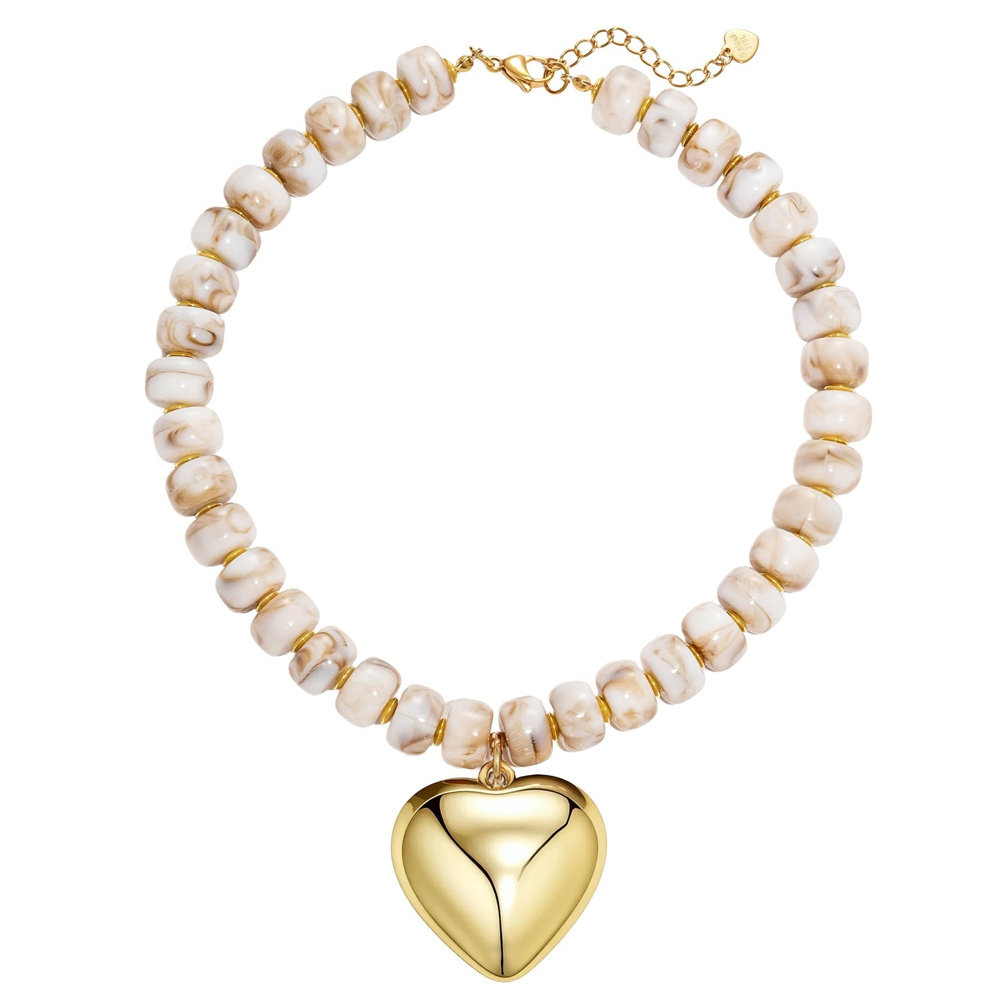 MIUSISHIYU Caramel Beige Faux Stone Resin Chunky Necklaces for Women, Trendy Beaded Puffy Gold Heart Pendant Statement Choker, Lightweight Boho Y2K Summer Beach Jewelry