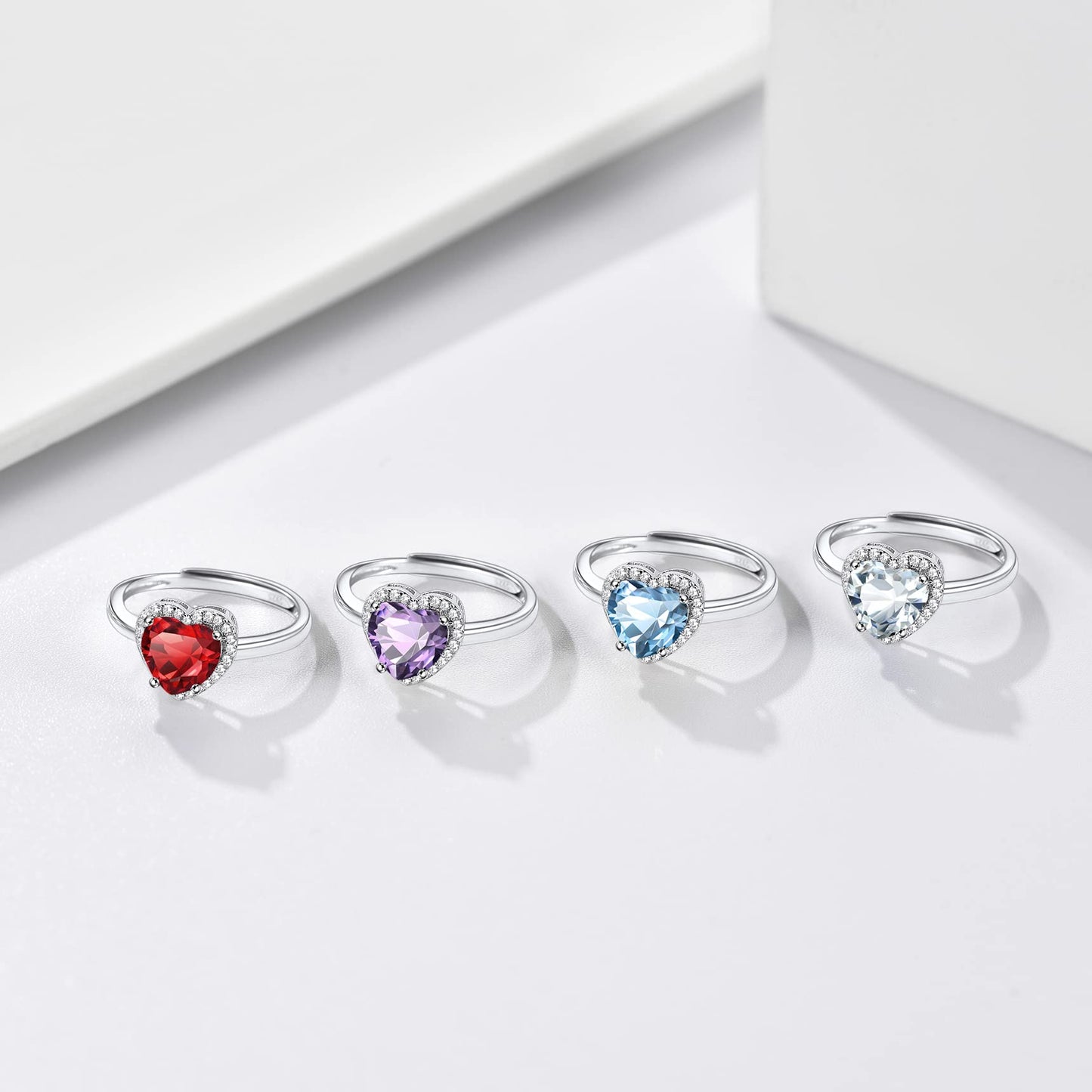 Bestyle 925 Sterling Silver Created Diamond Rings Heart Crytsal Rings for Women, 8mm January Granet Birthstone Gemstone Rings Illuminated by 1mm White Cubic Zirconia