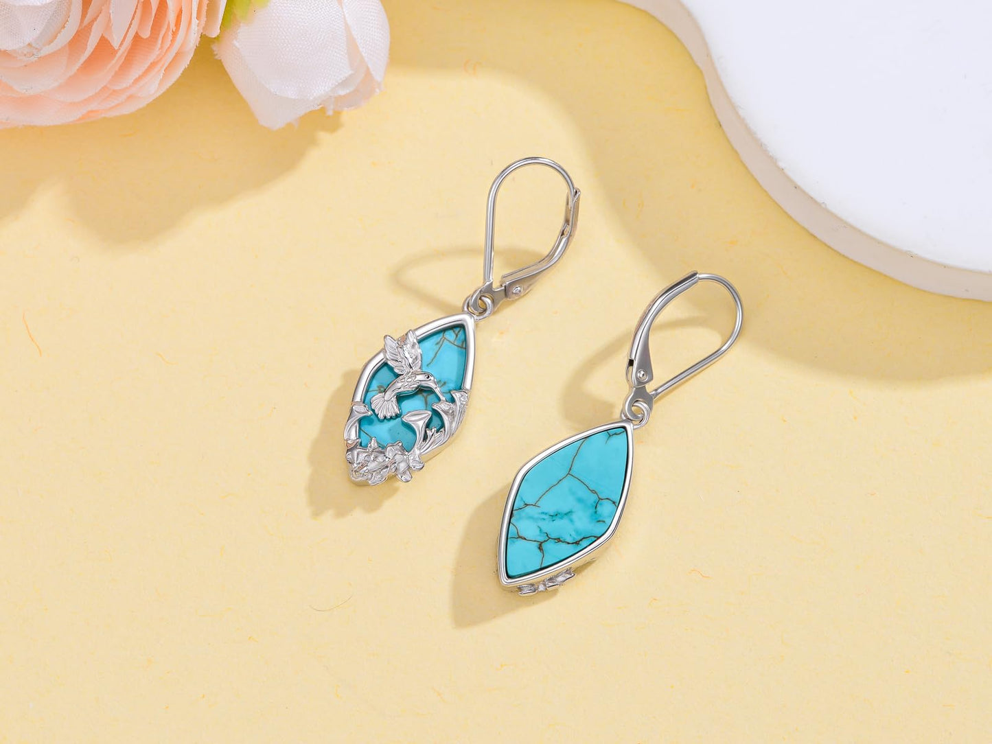 Eetaitai Hummingbird Earrings 925 Sterling Silver Natural Turquoise Jewelry Dangle Drop Earrings Western Boho Bird Flower Hummingbird Mothers Day Gifts for Mom Wife Sister