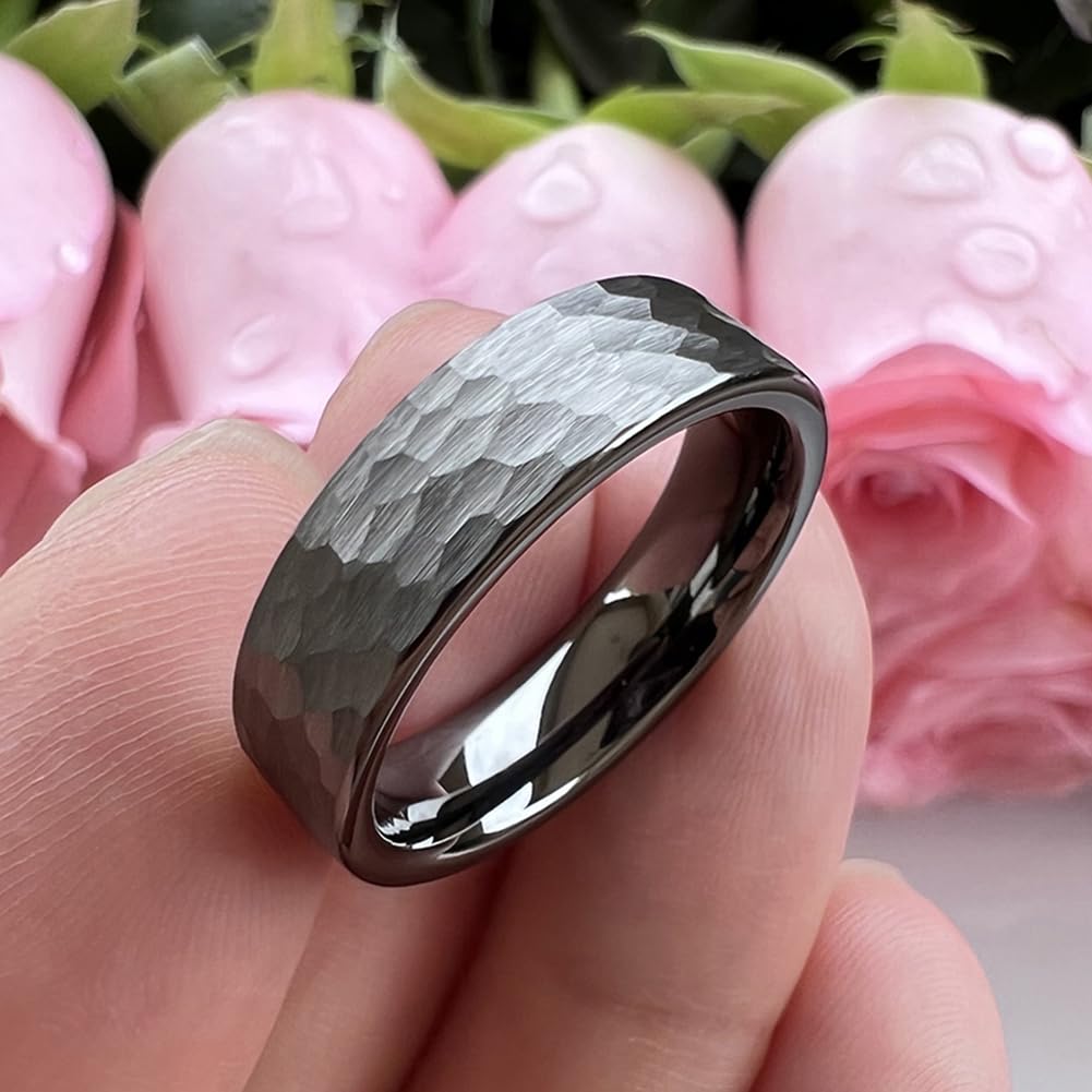 TUTISS 6mm Gunmetal Hammered Tungsten Rings for Men Women Fashion Engagement Wedding Bands Pipe Cut Matte Finish Comfort Fit Size 10