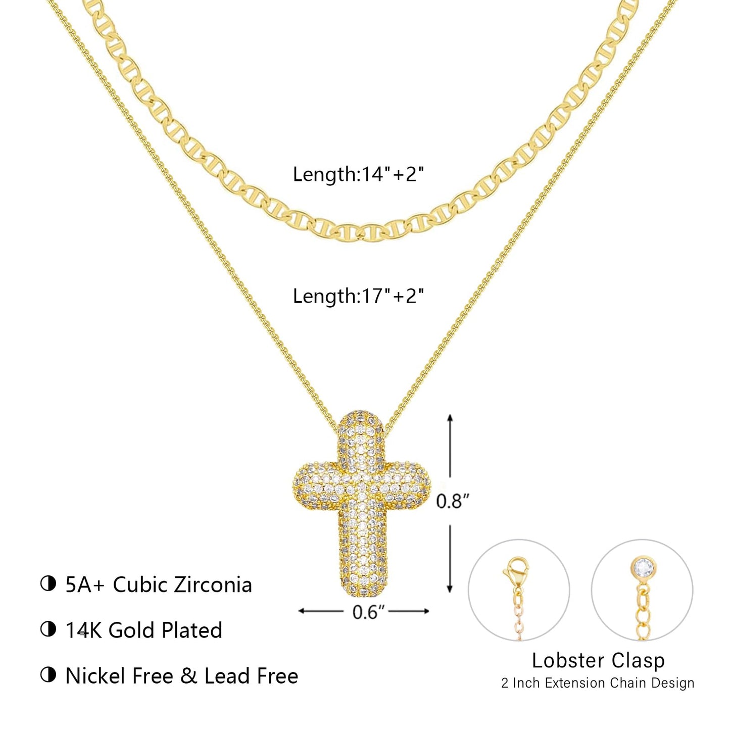 OGD Layered Gold Necklaces for Women 14k Gold Plated Cross Necklace for Women Stackable Stacked Stacking Dainty Gold Necklace Mariner Chain Necklace CZ Cross Pendant Necklaces Set Simple Jewelry Gift