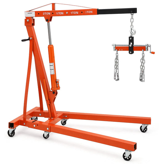 DEXSO 2 Ton Folding Hydraulic Engine Hoist with Lever, Folding Engine Shop Crane Hoist Lift, Heavy Cherry Picker with 6 Wheels for Garage, Workshop,Orange
