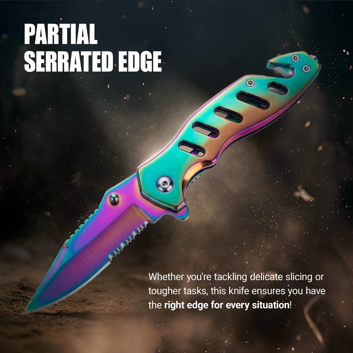 Legal Rainbow Pocket Knife with Glass Breaker Seatbelt Cutter - 2.68 Inch Sharp Serrated Blade - Cute Small Folding Womens Knives for Self Defense EDC Camping - Birthday Gifts for Women - 6655 R