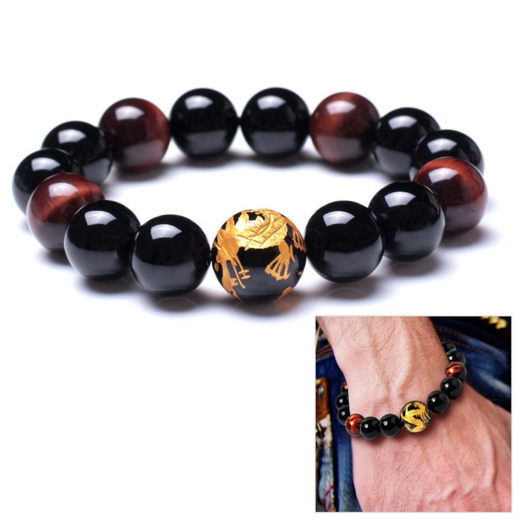 14mm Natural Lava Rock Black Beads Bracelets for Men | Vintage Design Yellow Tiger Eye Black Dragon Pattern Crystal Beaded Mens Bracelet | Bold Wrist Men’s Bracelets Beads Set for Layered Looks