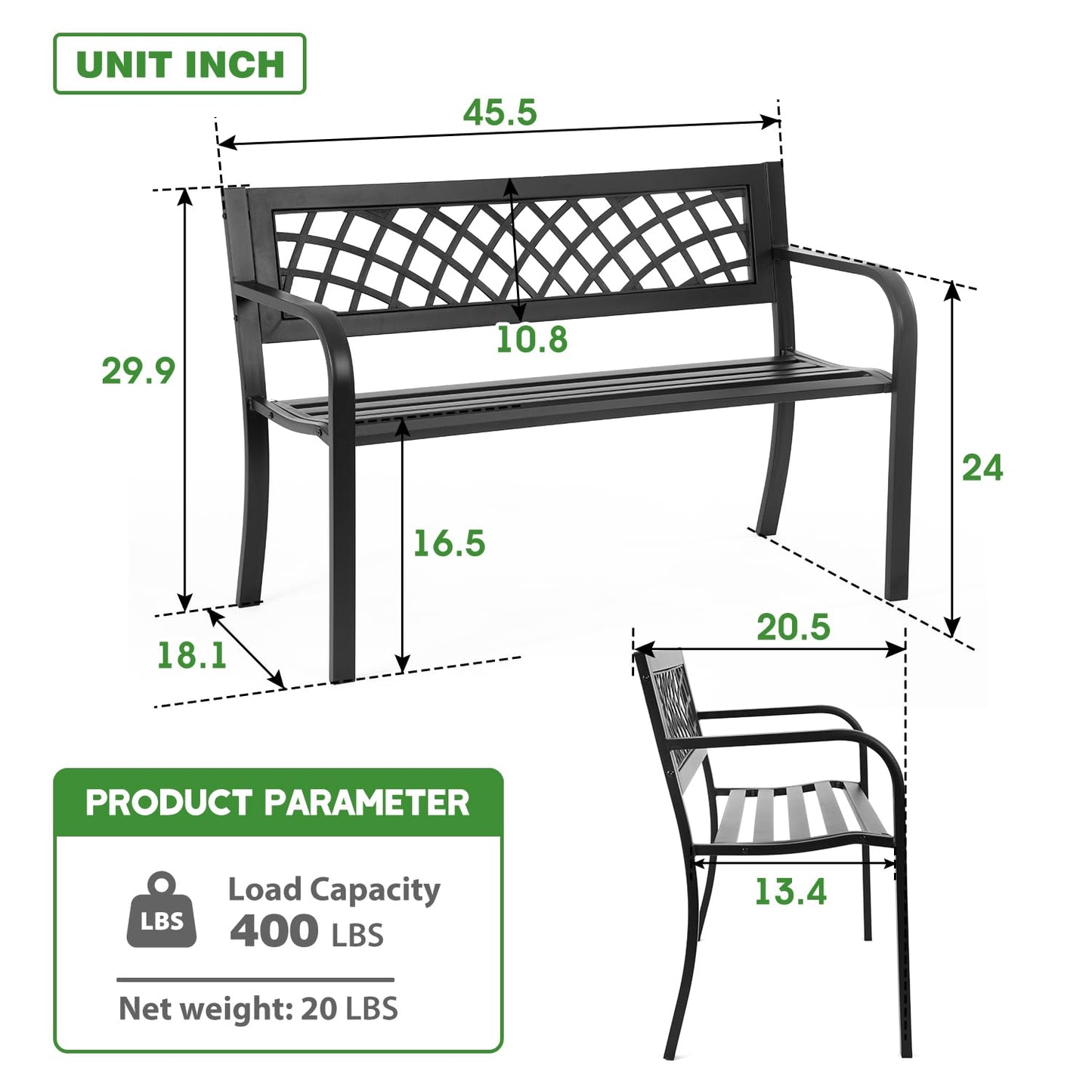 FDW Garden Bench Bench Park Outdoor Bench for Patio Metal Bench Park Bench with Plastic Backrest Armrests Sturdy Steel Frame Furniture for Yard Porch Work Entryway, Black