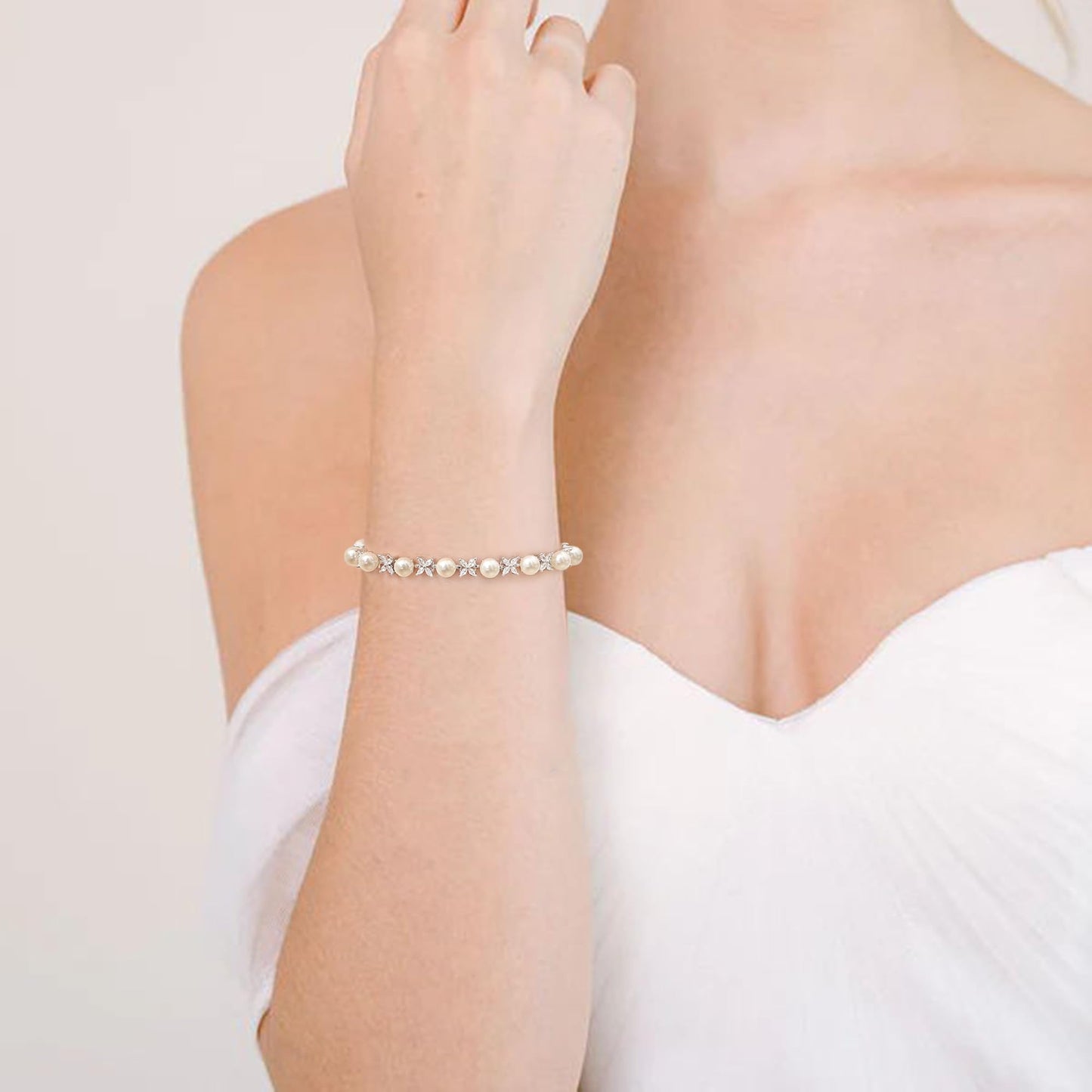 EVER FAITH Wedding Jewelry for Bride White Marquise Cubic Zirconia Cream Faux Pearl Floral Bridal Prom Tennis Bracelet for Women Clear Silver-Plated-Brass