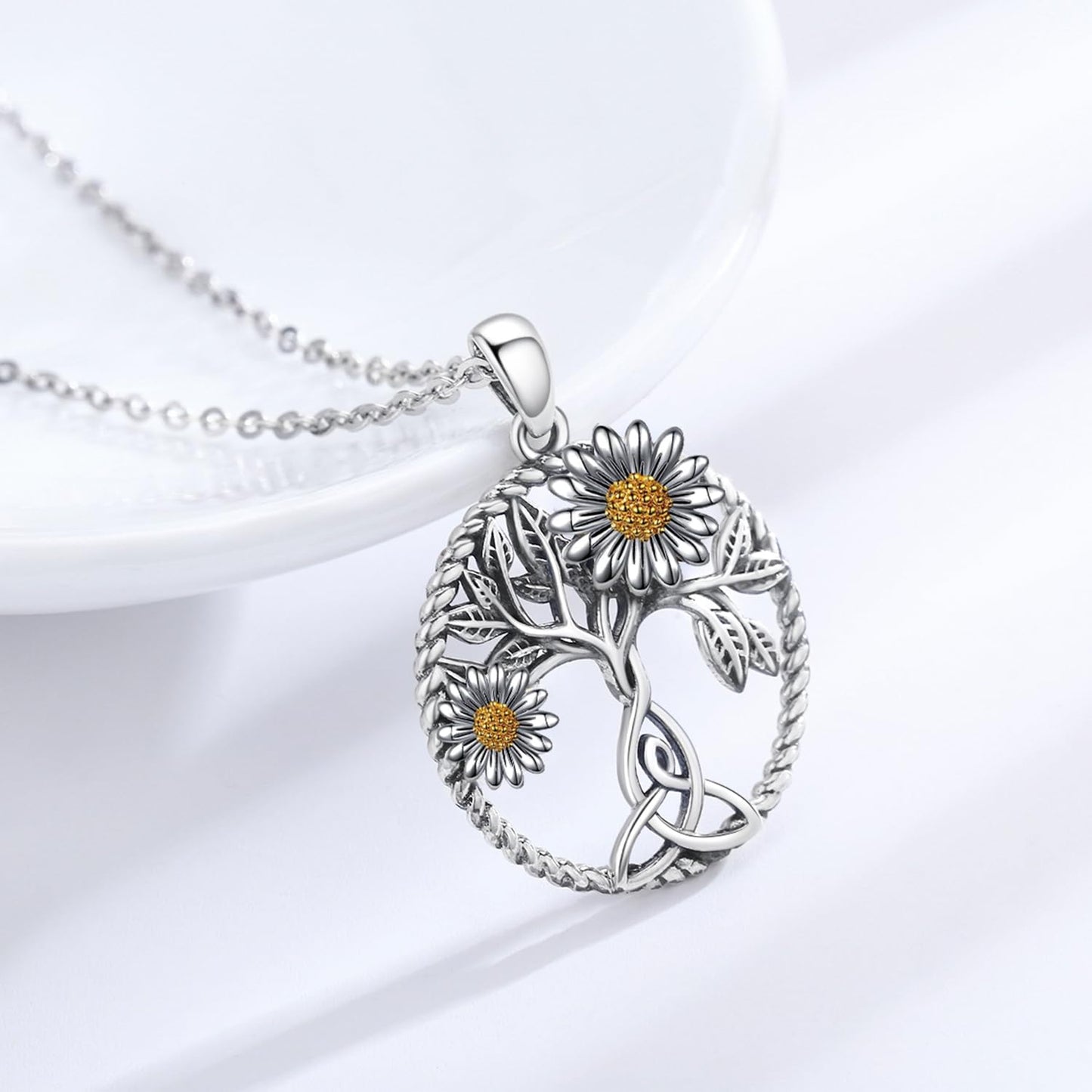 CHENGHONG Daisy Necklace 925 Sterling Silver Tree of Life Daisy Necklace Flower Pendant Jewelry Gifts for Women Mom