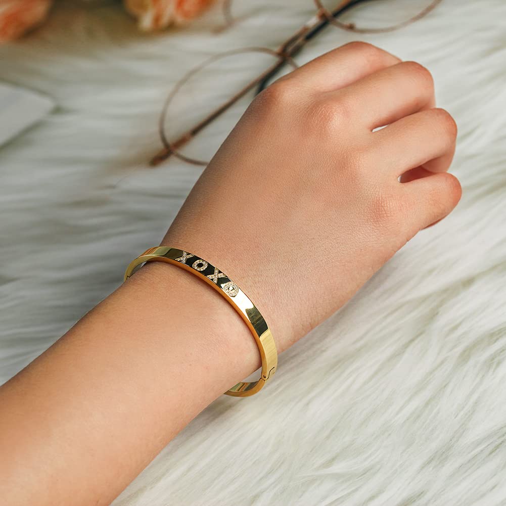 WISTIC Gold Plated Bangle Bracelet for Women, Silver Engraved Letter Cuff Bracelet with CZ, Fits 6.0–7.0 Inch Wrist, 2.4in Inner Dia., Rose Gold Stainless Steel Hinged Bangle Jewelry, XOXO, Gold