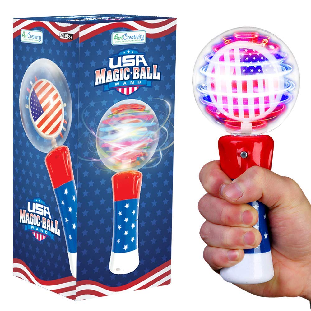 ArtCreativity 7.5 Inch Light Up Patriotic Magic Ball Wand for Kids, Batteries Included, Flashing LED Light Up Spinner Toy for Boys and Girls, 4th of July Toy for Kids, Birthday Party Favor