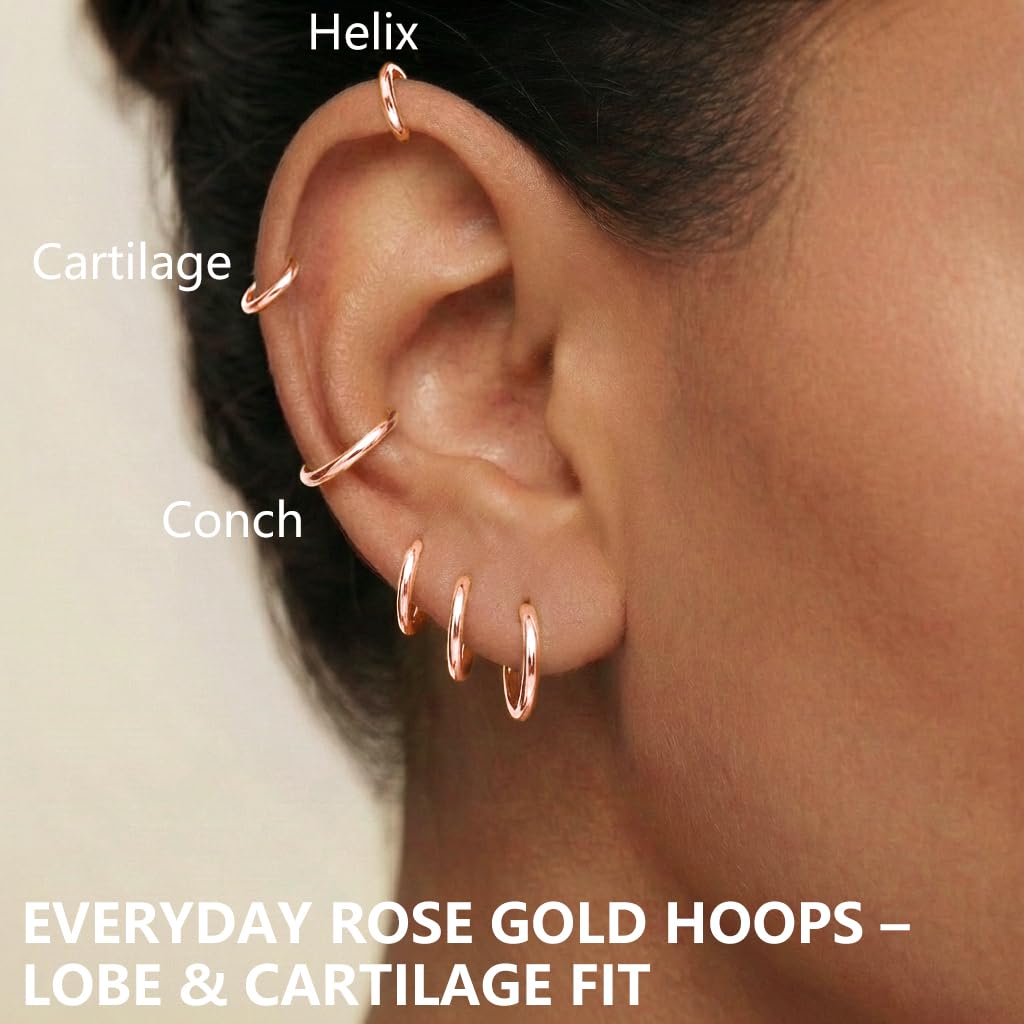 Gokeey Small Rose Gold Earrings Set for Women 14K Gold Plated Hypoallergenic Lightweight Huggie Hoop Earrings for Sensitive Ears Everyday Earrings for Cartilage Piercings (6mm/8mm/10mm/12mm, Rose Gold)