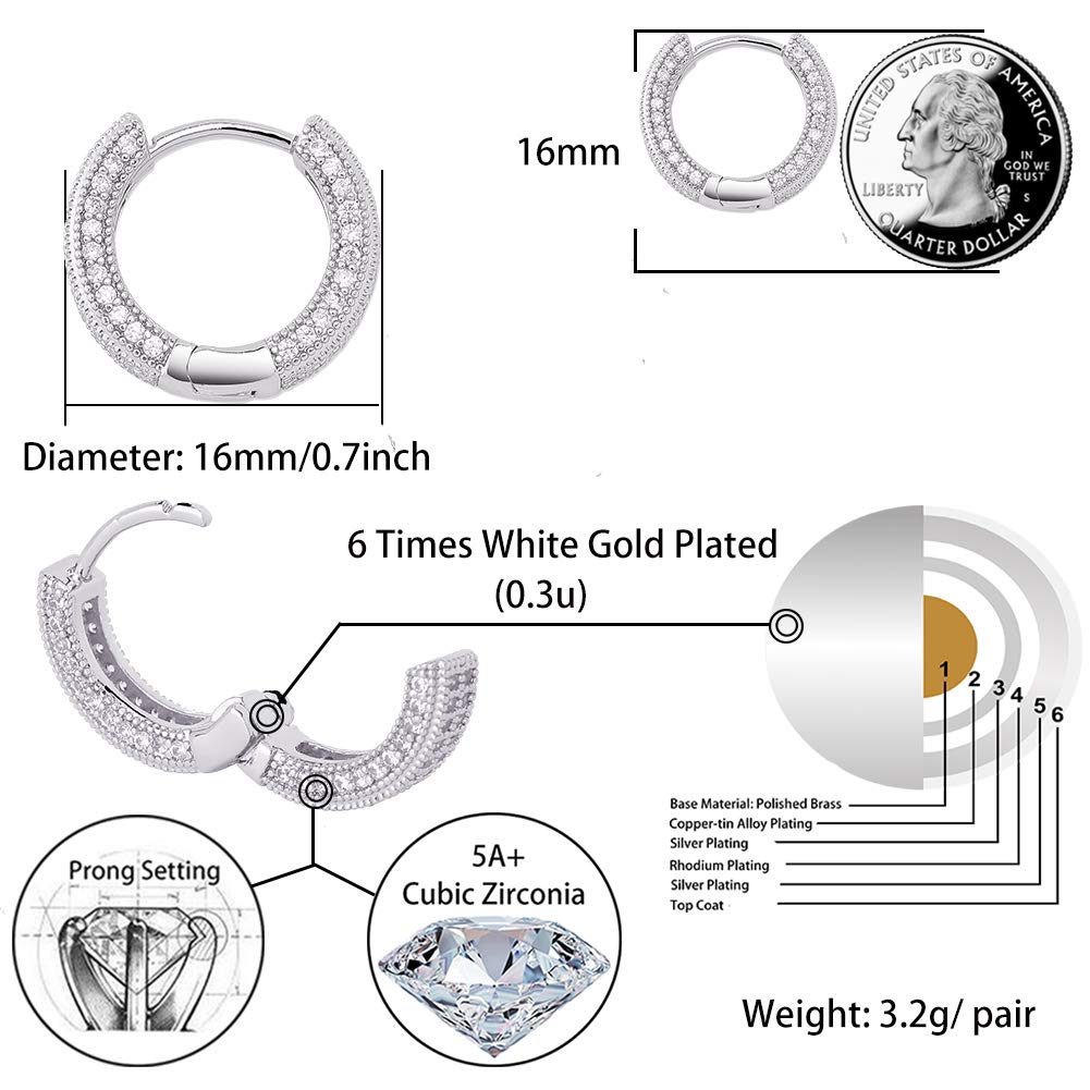 TOPGRILLZ Iced Out Hoop Earrings Cubic Zirconia Huggie Cartilage Cuff Hypoallergenic 14K Gold Plated Luxury Fashion Round Circle Earrings For Women-05Silver