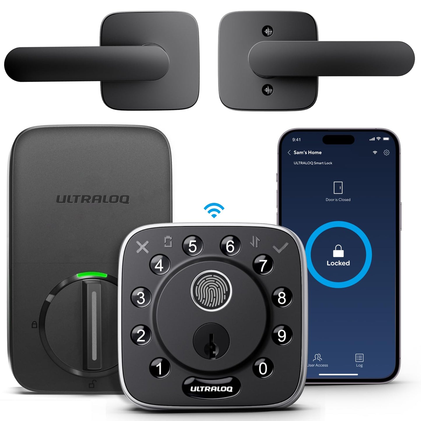ULTRALOQ Bolt Fingerprint Wi-Fi Smart Locks for Front Door, Works with Apple Home, Alexa, Google, Smart Lock with Handle, App Finger Code Voice Unlock, Remote Control, Auto-Lock, BHMA Certified