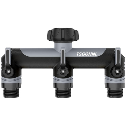 3 Way Garden Hose Splitter, 3/4 Inch Outdoor Faucet Splitter, Hose Manifold with Independent Shut Off Valves, Wide Spacing for Hose Timers, Sprinklers, Lawn, Yard and Garden Watering (Gray)