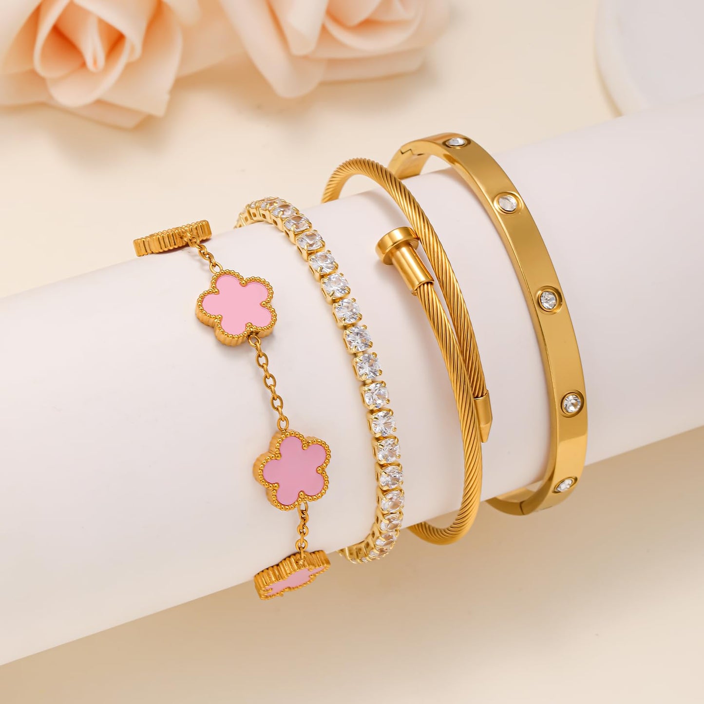 Gold Bracelets for Women, 18K Gold Plated Women Tennis Bracelets Clover Nail Love Bangle Bracelet Set, Gold Bracelet Stackable Set Trendy Jewelry, Gifts for Women's Day and Mother's Day (02-Color-pink)