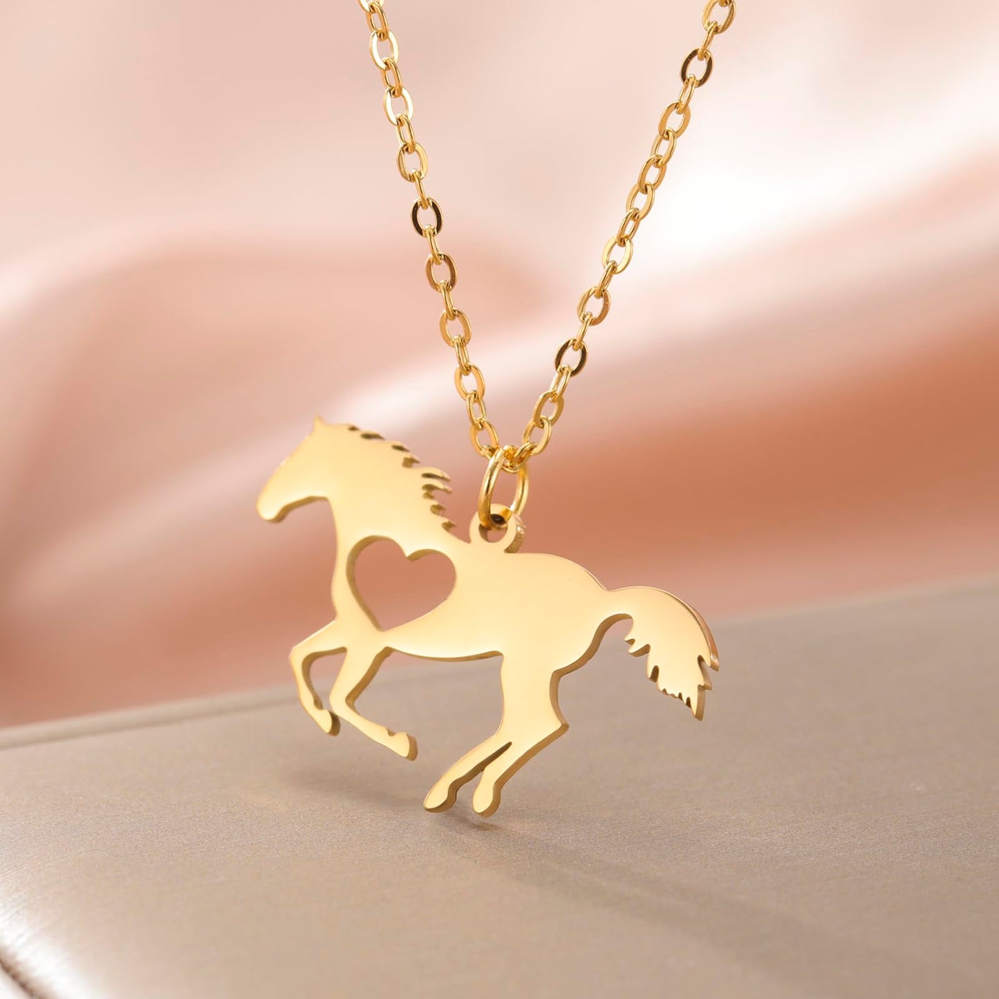 VASSAGO Horse Necklace for Women Men Stainless Steel Horse Pendant Necklace Animal Jewelry Horse Lover Gifts (gold heart horse)