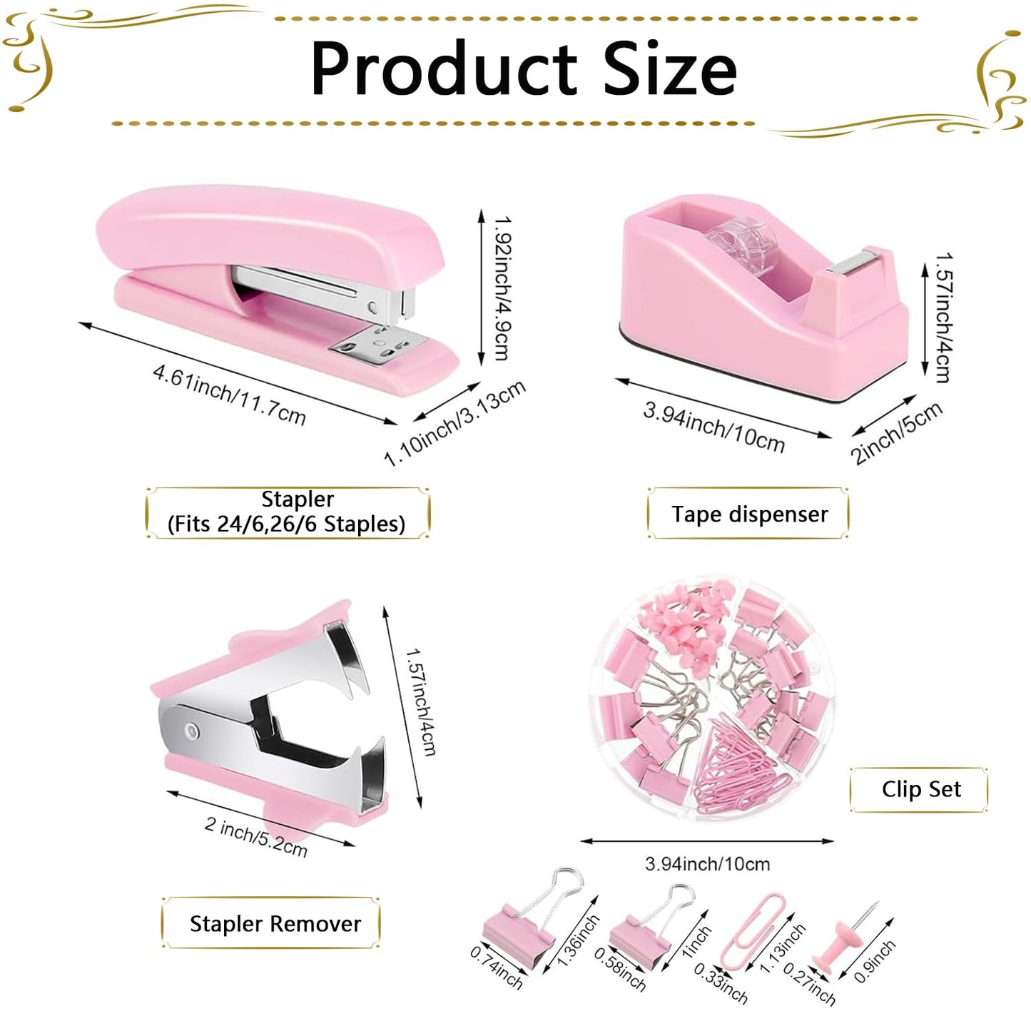 Office Supplies,Pink Desk Accessories, Stapler and Tape Dispenser Set for Women with Stapler,Tape Dispenser,Staple Remover,Staples,Clips,Scissors and Tabs,Gift for Students,Coworkers,Teacher,Business