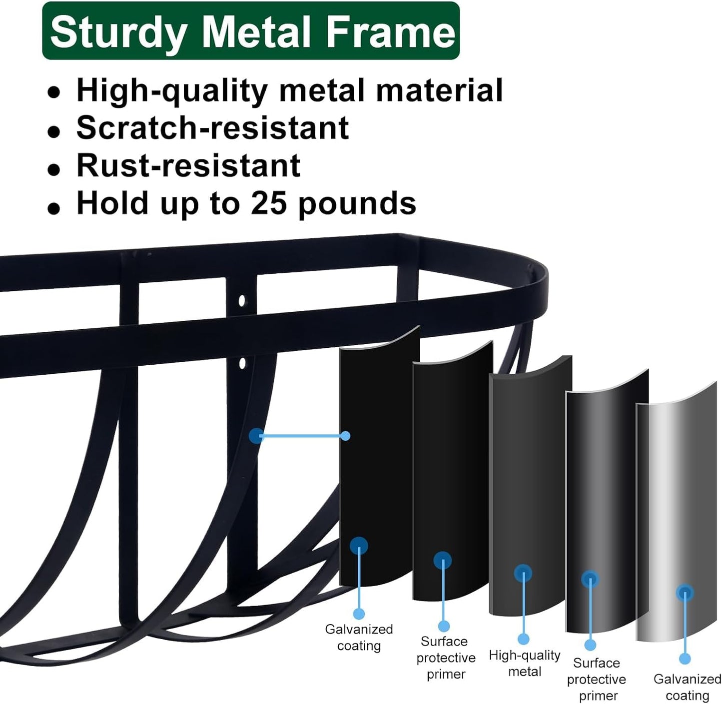 DUNCHATY 24 Inch Railing Planter Box 3 Pack - Metal Window Flower Box with Coco Coir Liner & Adjustable Hooks for Deck Balcony Porch Fence - Outdoor Horse Trough Planter for Herbs & Flowers