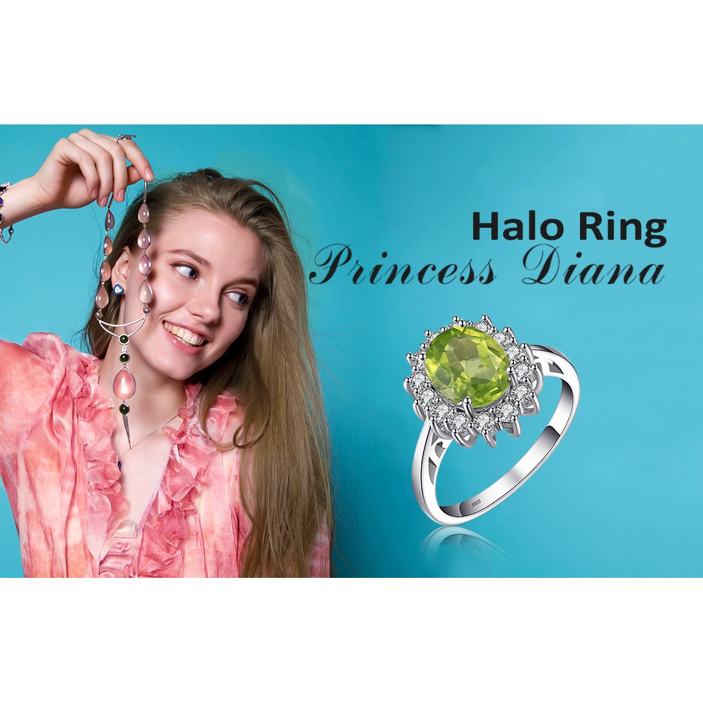 JewelryPalace Princess Diana Kate Middleton Gemstone Birthstone Genuine Peridot Halo Statement Engagement Rings for Women, 14K White Gold Plated 925 Sterling Silver Promise Rings for Her Size 10.5