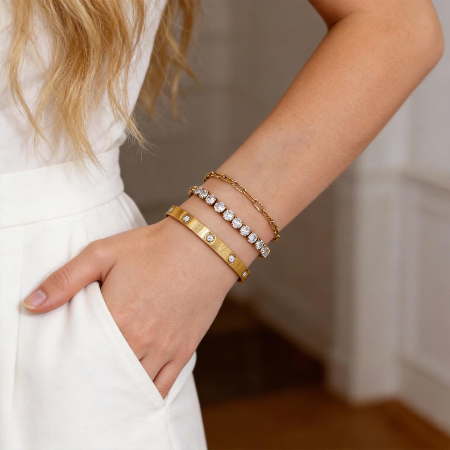 18K Gold Plated Paperclip Chain Tenni Bracelets Set, Stackable Rhinestone Bangle Bracelets for Women Tarnish Free Women's Trendy Jewelry Stainless Steel Hand Chain Bracelet Jewelry Gift Set for Women