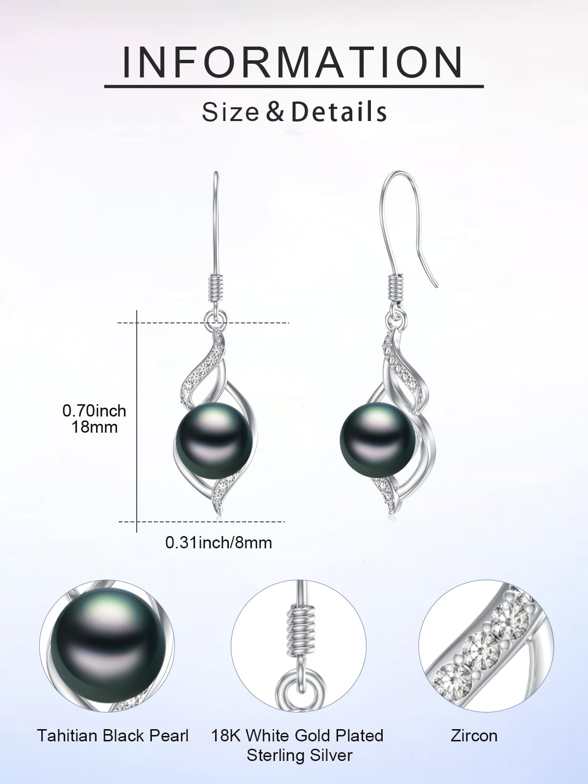 KANNSOAR 7MM Tahitian Black Pearl Dangle Drop Earrings, 18K White Gold Plated Sterling Silver Everyday Earrings for Women Wife Girlfriend Hypoallergenic Jewelry Gift for Anniversary Birthday Christmas