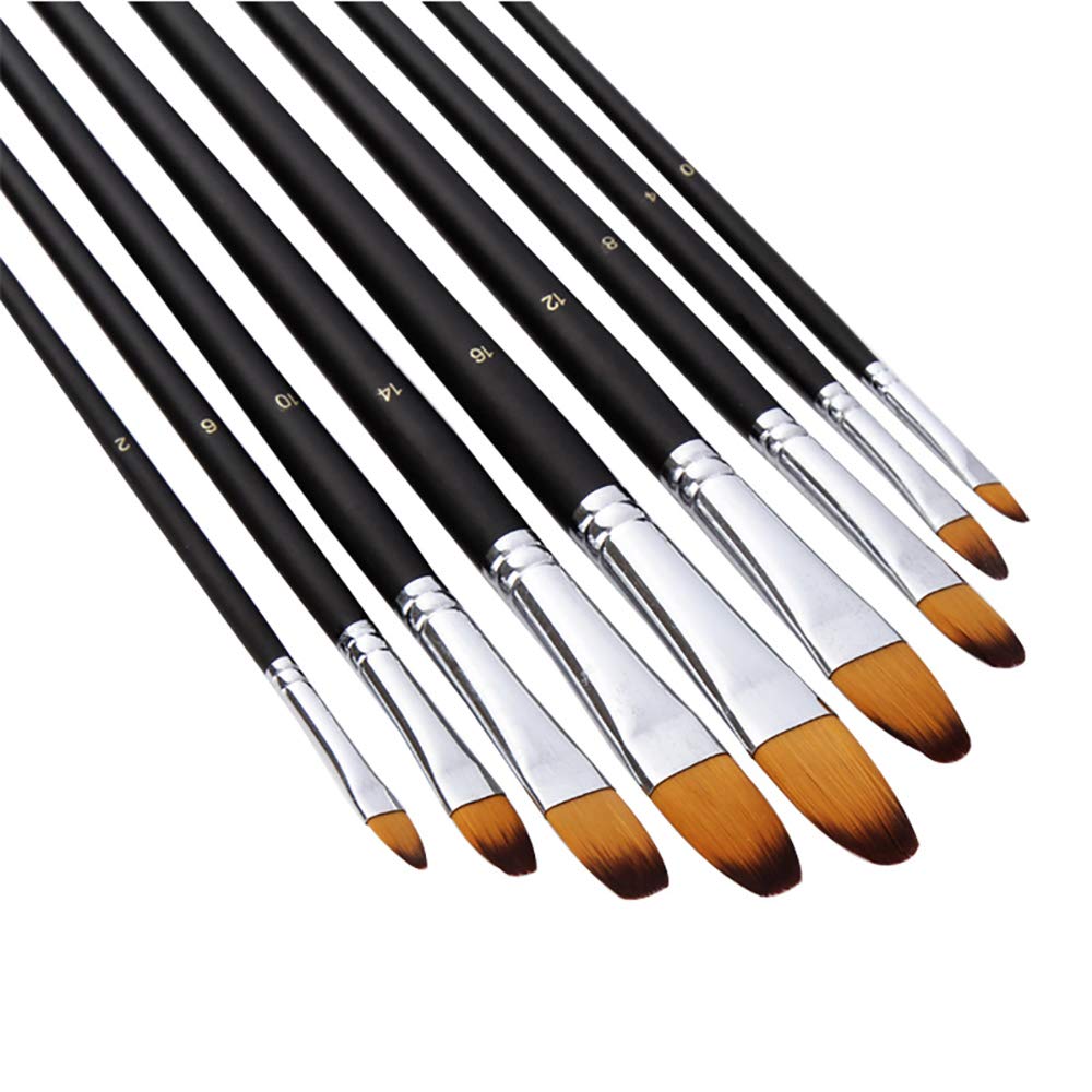 Artist Paint Brushes Set,9 Pcs Professional Filbert Brushes for Acrylic Oil Watercolor Gouache Painting Kits with Long Handle Nylon Hair Black