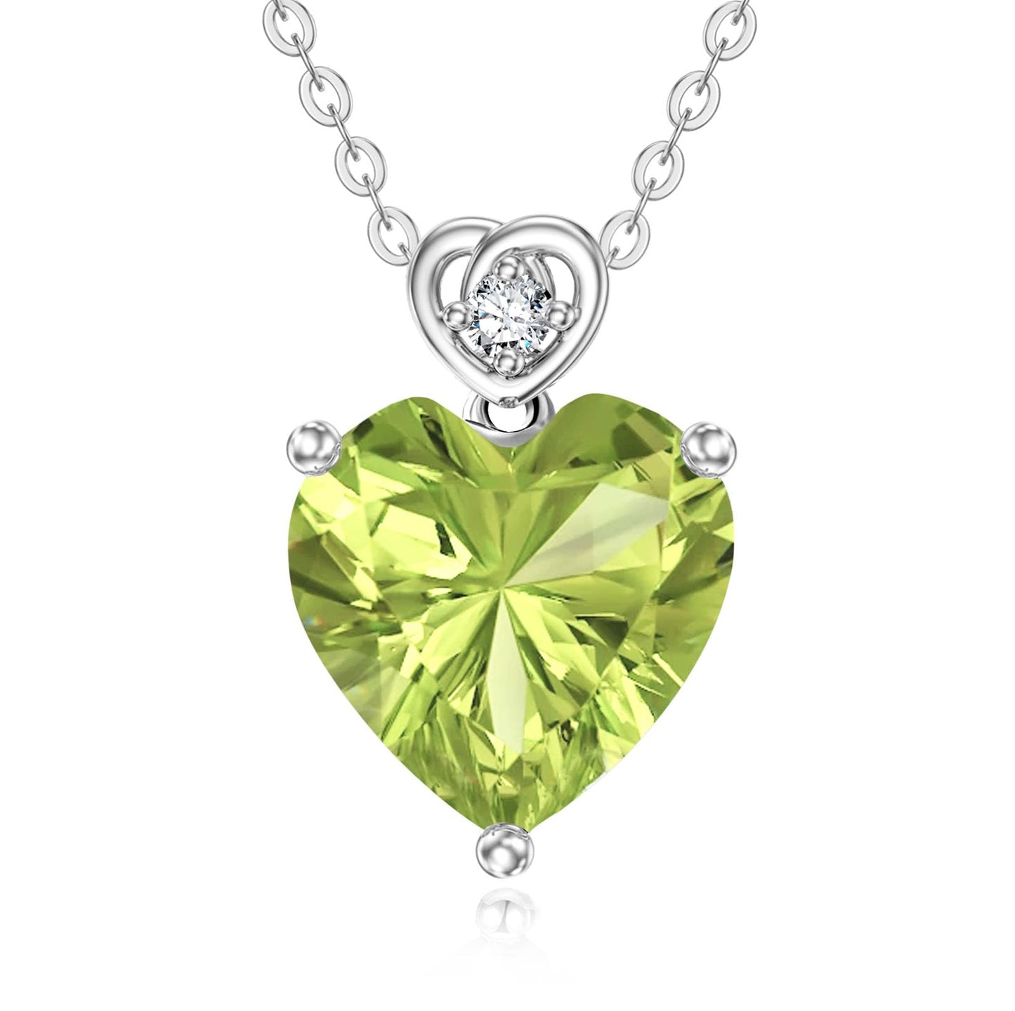 NFYBD 14k White Gold Love Heart Peridot Birthstone Pendant Necklace for Women 3 Carat Heart-cut Created Gemstone Anniversary Birthday Mother's Day Necklaces for Her-aug