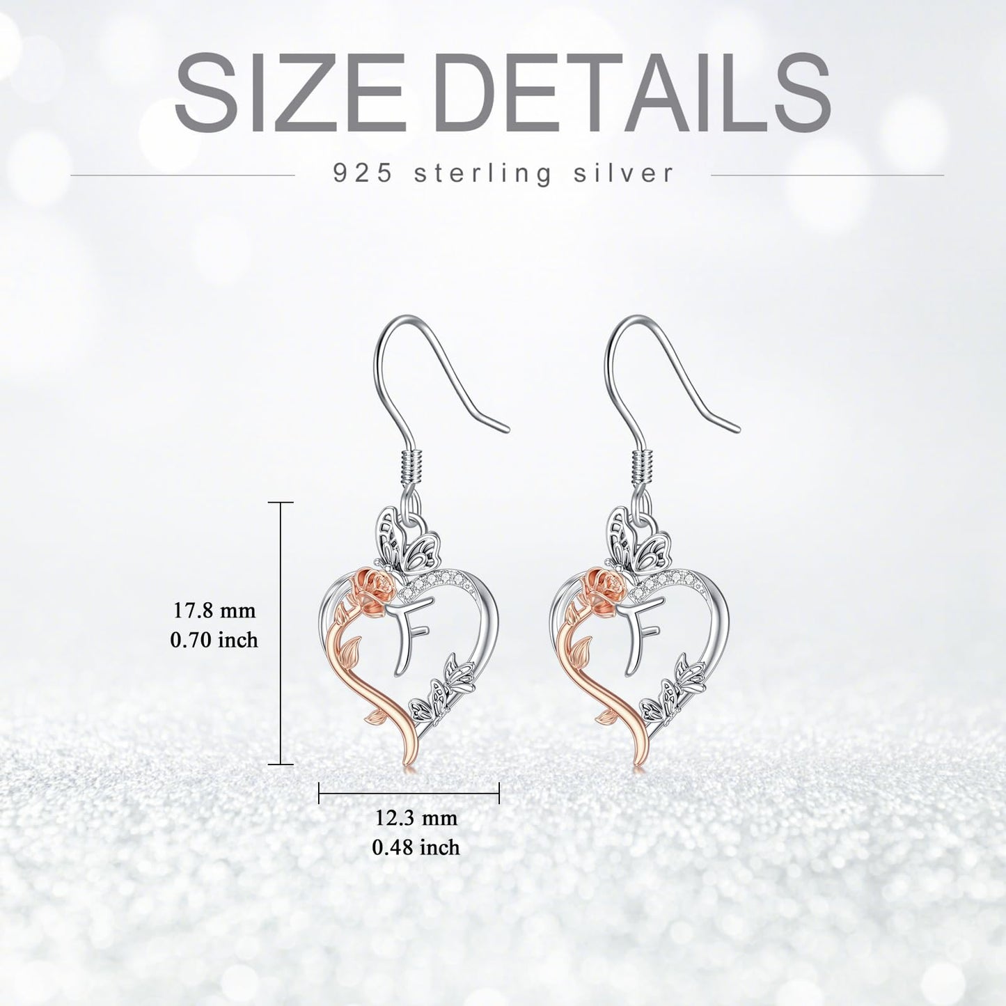 TOUPOP Rose Heart Initial Earrings Sterling Silver Butterfly Earring Initial F Letter Drop Dangle Earrings Jewelry Anniversary Birthday Mothers Day Gifts for Women Mom Wife Girlfriend Her