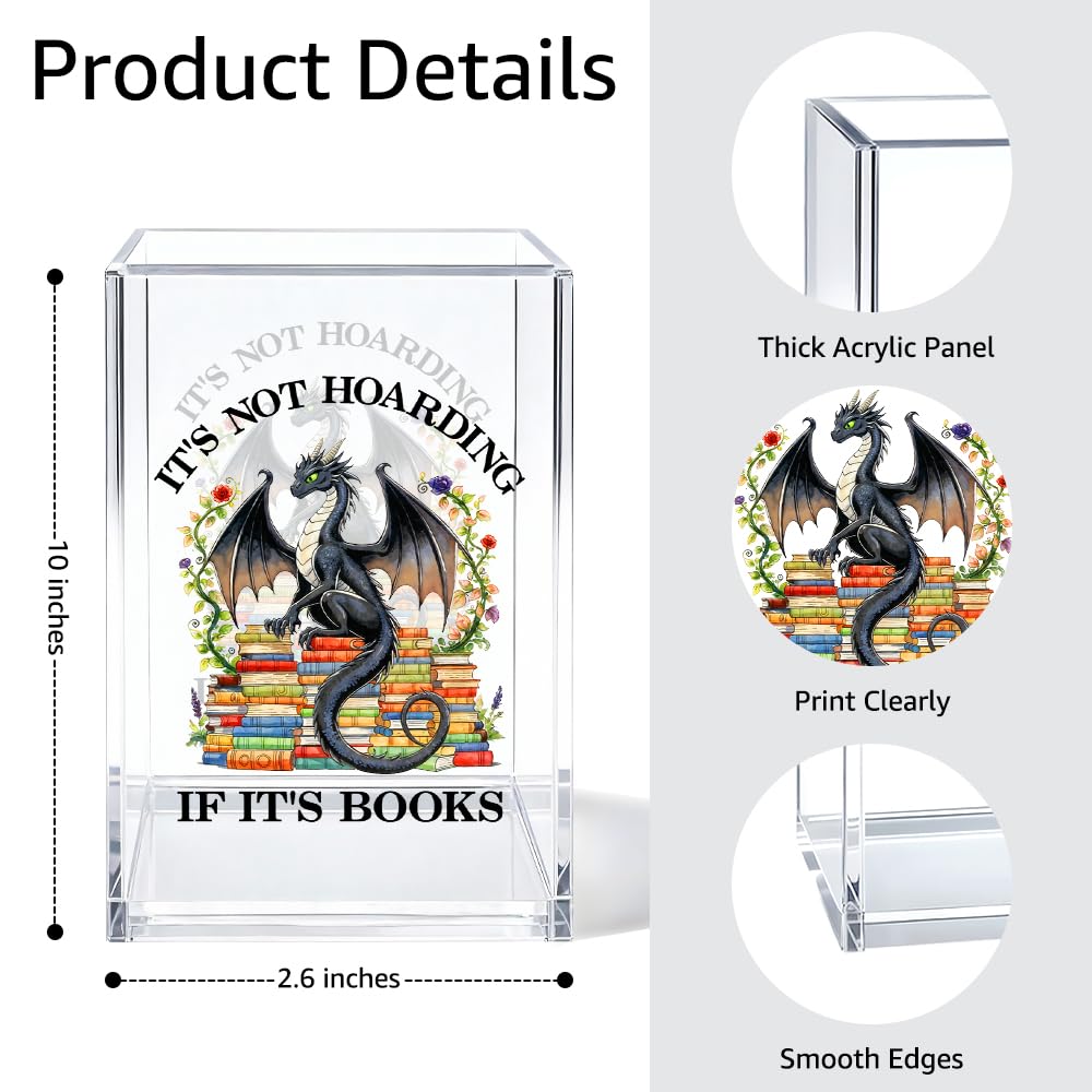 Gkodw It's Not Hoarding If It's Books Acrylic Pen Holder Cosmetic Organizer, Retro Dragon Book Pen Pencil Holders for Desk, Bookmark Holder for Bookshelf, Bookish Gifts for Librarian Reader Teacher