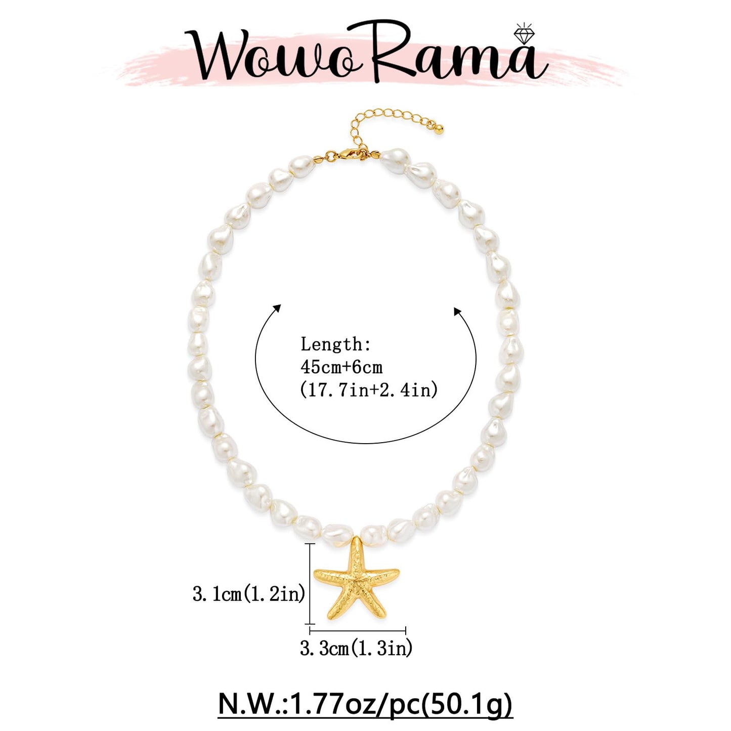 WOWORAMA Pearl Starfish Necklace for Women Gold Shell Starfish Pendant Necklaces Baroque Pearl Choker Necklace Adjustable Summer Beach Seashell Necklaces Jewelry